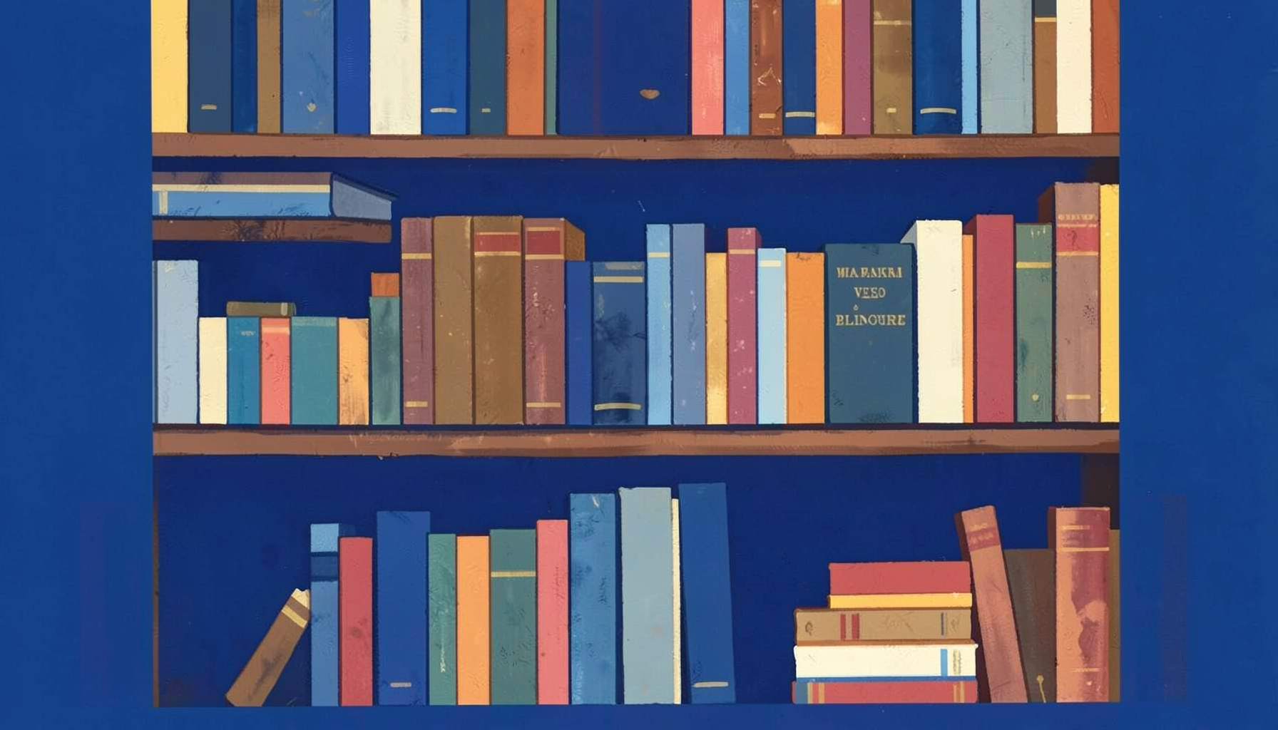Estantería con libros de colores cálidos, lomos en tonos tierra, azul y crema, pintura mate al gouache con atmósfera de biblioteca acogedora
