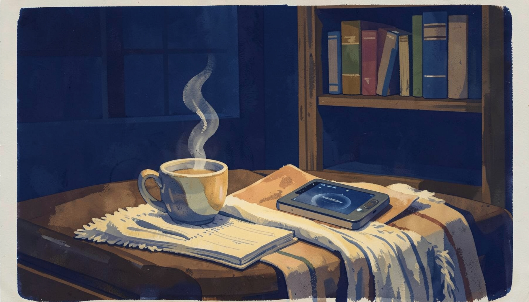 Pintura mate al gouache de un escritorio nocturno con una taza humeante, un lector electrónico sobre una manta de lana y una estantería de libros al fondo, en tonos azul profundo, dorado cálido y marrón madera.