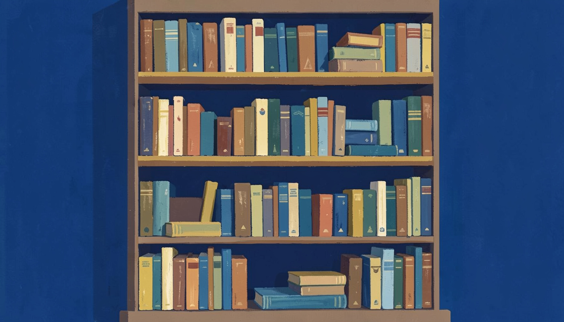 Estantería con libros de colores tierra, ocres y azules apagados, pintada en gouache mate con trazos sueltos y ambiente cálido de librería.